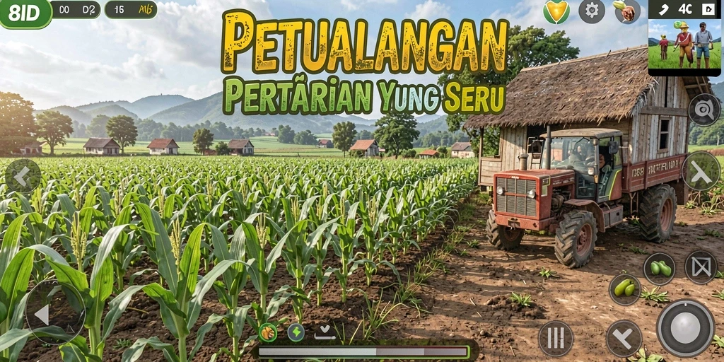 Screenshot gameplay <strong>8ID</strong> yang menunjukkan kebun yang rimbun dan hewan ternak.