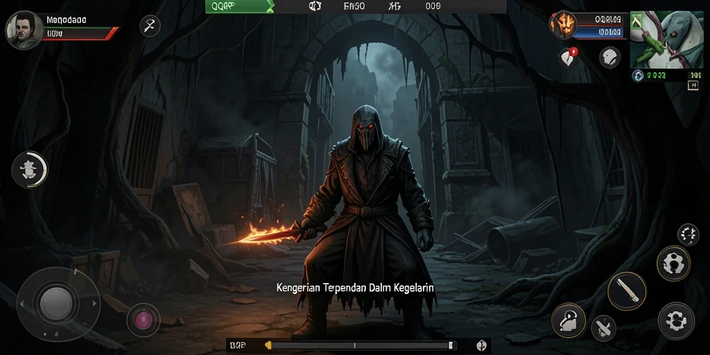 Screenshot gameplay QQRP menampilkan kegelapan dan ketegangan yang mendalam.