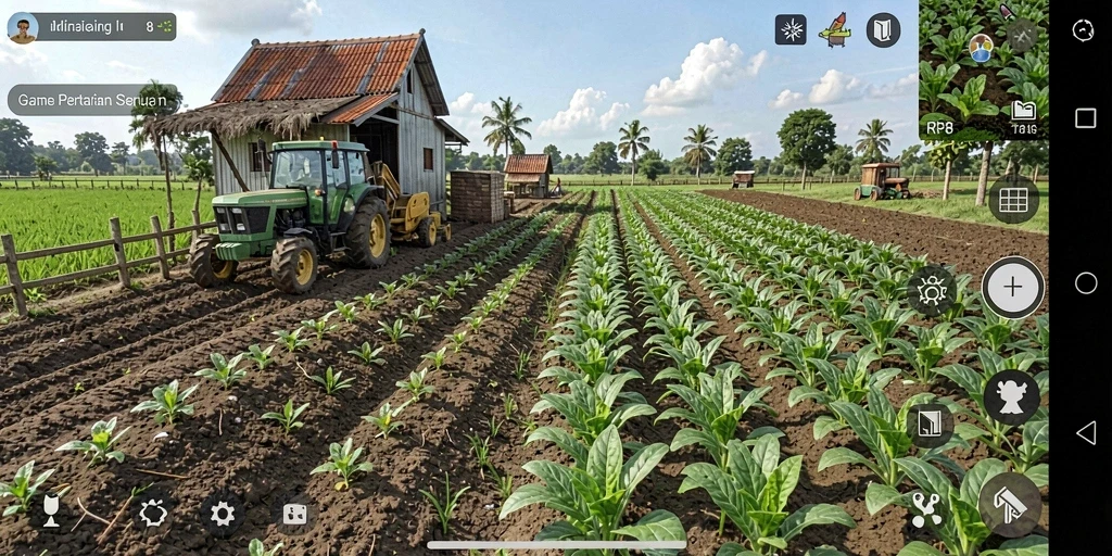 Screenshot menunjukkan gameplay seru RP8 saat mengelola lahan pertanian.